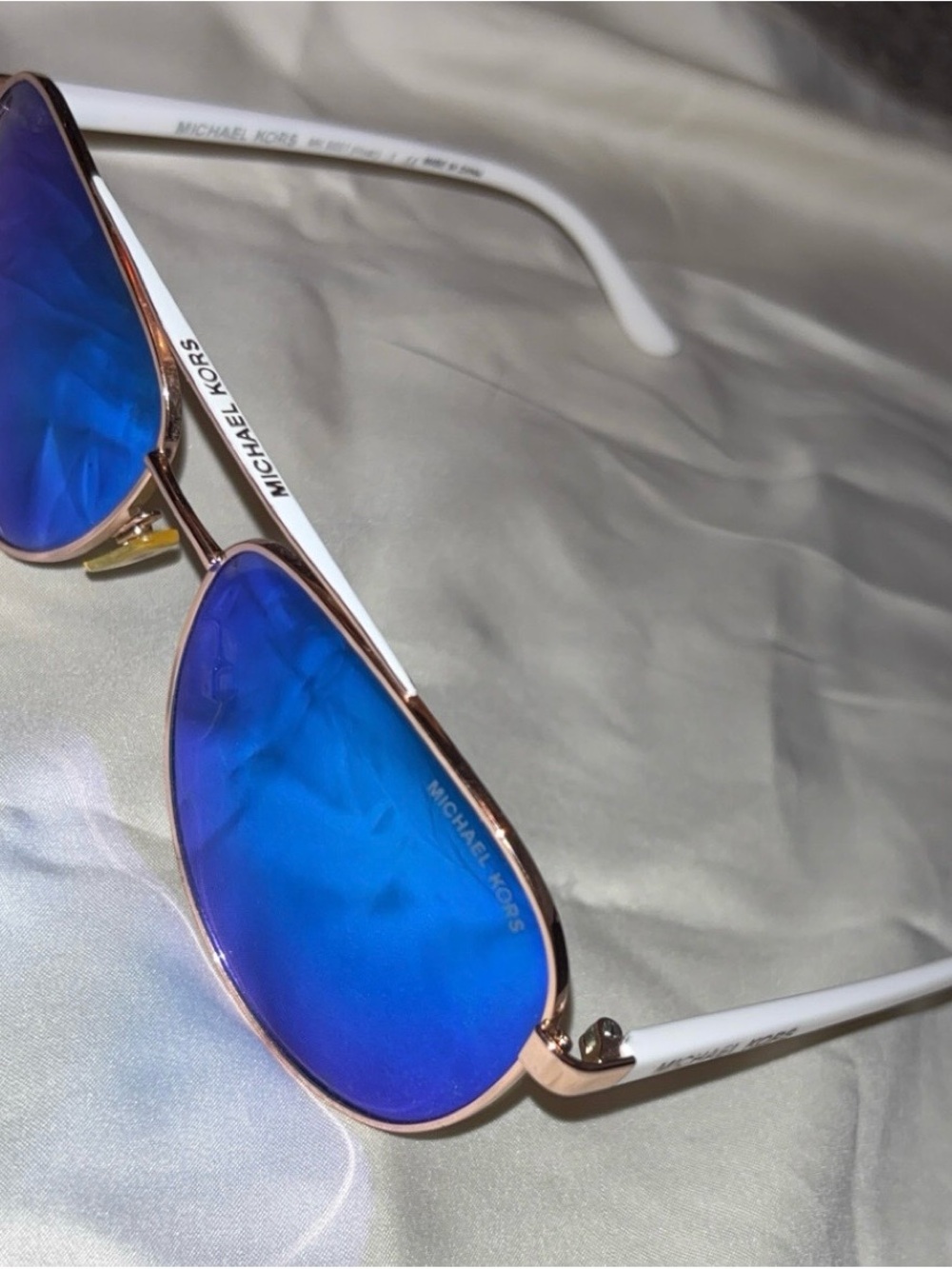 Michael Kors White Temple Sunglasses with Blue Mirrored Lenses